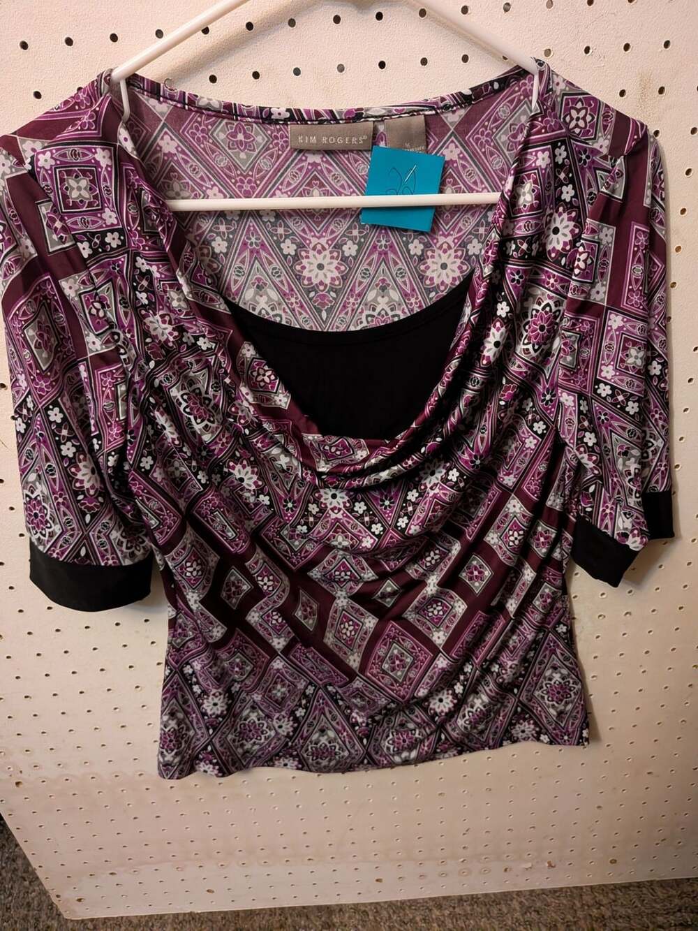 Kim Rogers Purple Geometric Print Cowl Neck Three-Quarter Sleeve Top